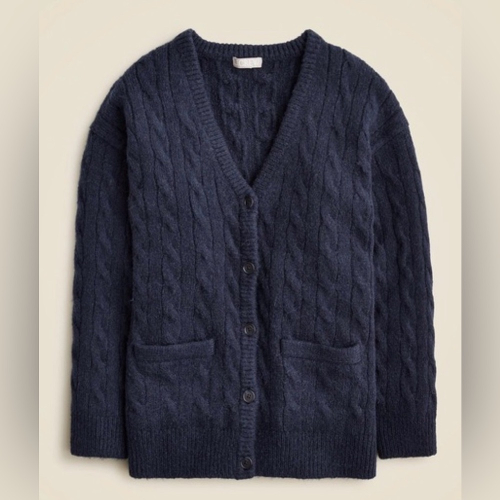 J. Crew Relaxed Cable Knit Cardigan Navy Blue XS-S Wool Alpaca Blend Cabincore